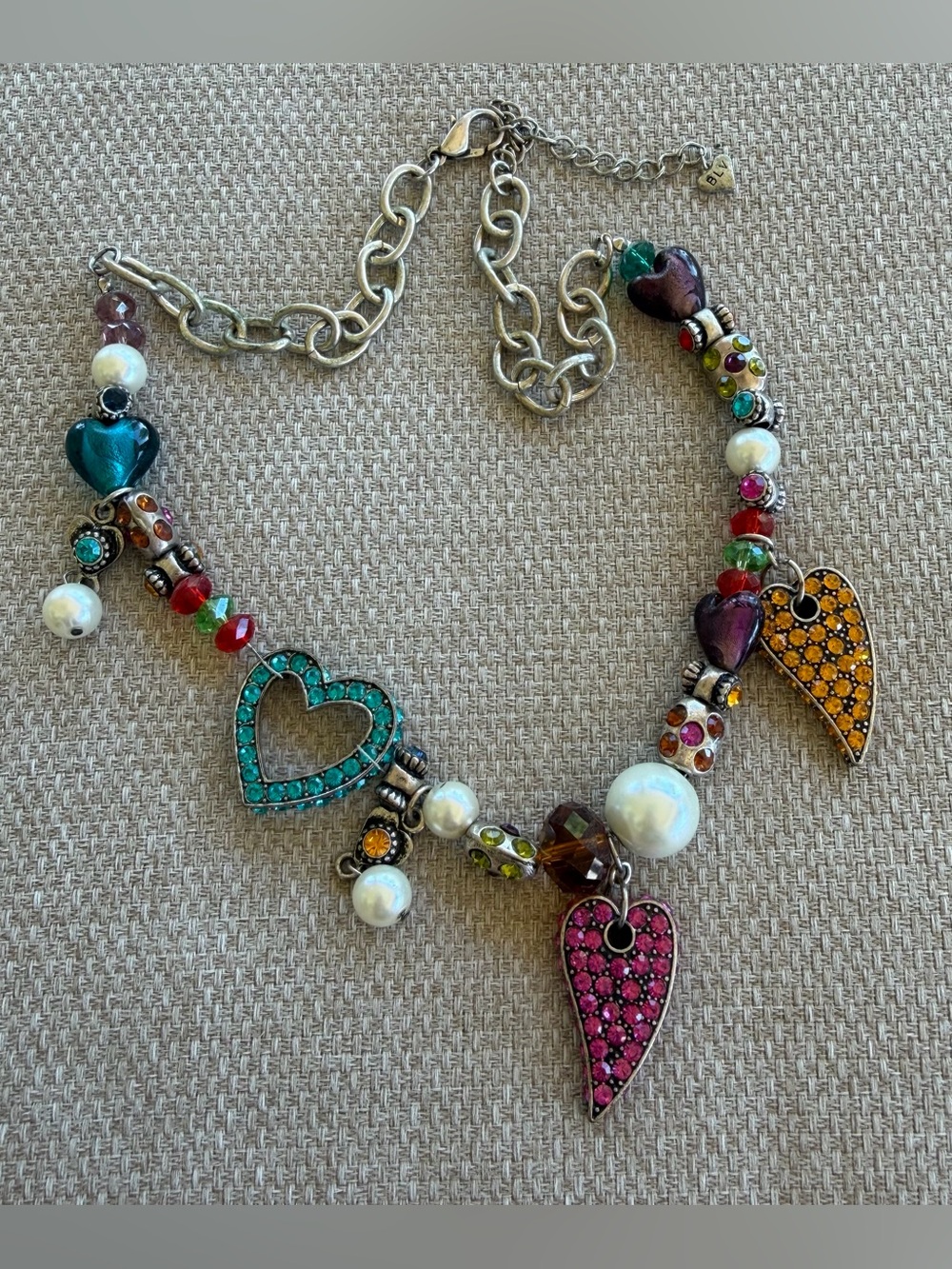 Vintage BLV Silver Necklace With Rhinestone Beads And Heart Pendants 20” Long